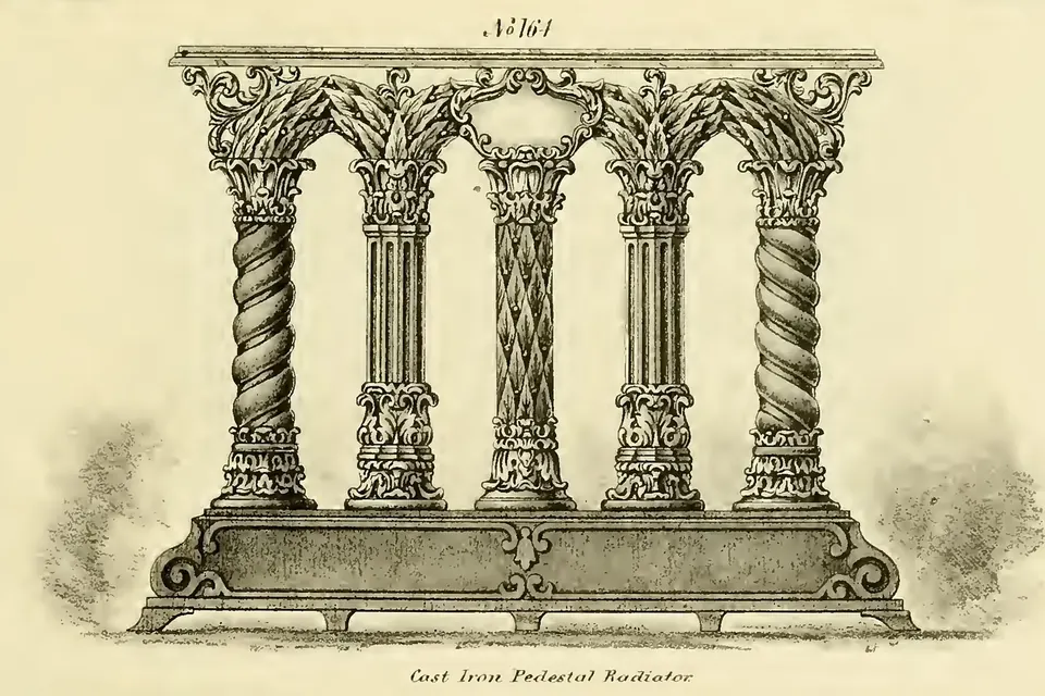 Gravure d'un radiateur en fonte du XIXe siècle à colonnes torsadées et chapiteaux ornés, posé sur un socle
